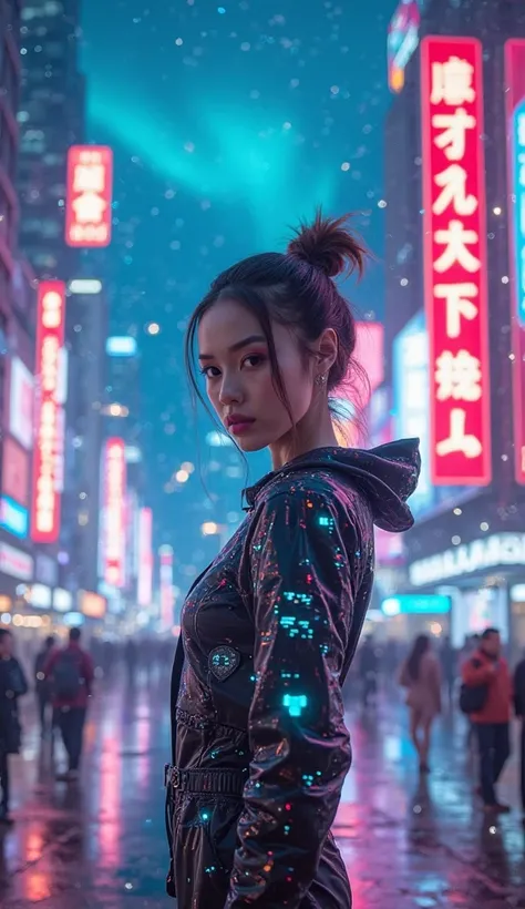 A futuristic cyber city illuminated by vibrant neon lights. A young charismatic female idol stands confidently in the center, wearing a sleek, high-tech outfit with glowing digital patterns. She embodies innovation and transformation, with a determined and...