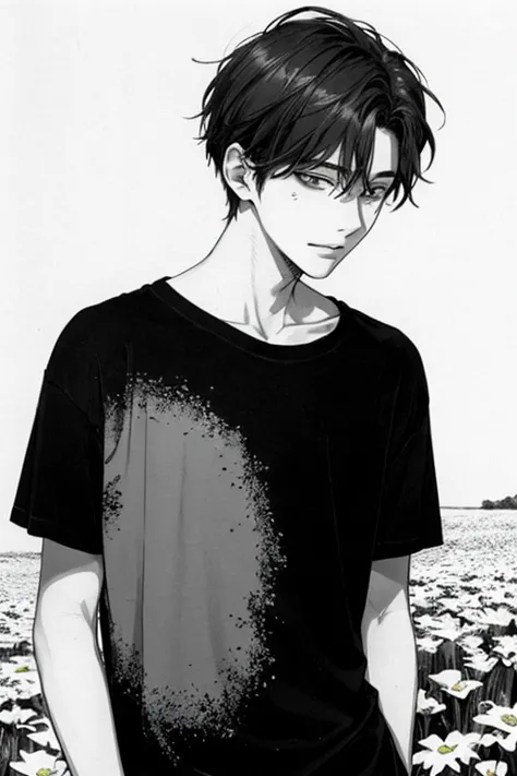 
Sweet 20-year-old boy, Delicate, cute and shy, thin, half of his face with a huge burn scar. Flower garden background. Korean Manhwa style in black and white, early 2000's clothing