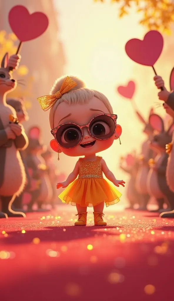 "A fashionista baby wears a bright little dress and stylish sunglasses. She is on an enchanted red carpet, surrounded by twinkling lights and cameras that flash softly. Little bunnies and cute foxes hold signs with hearts, cheering for her. The background ...