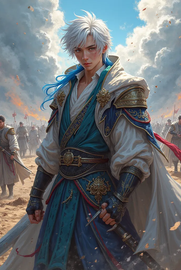 male anime-style character with white hair and a blue lock, noble clothes, Several wounds and on a battlefield