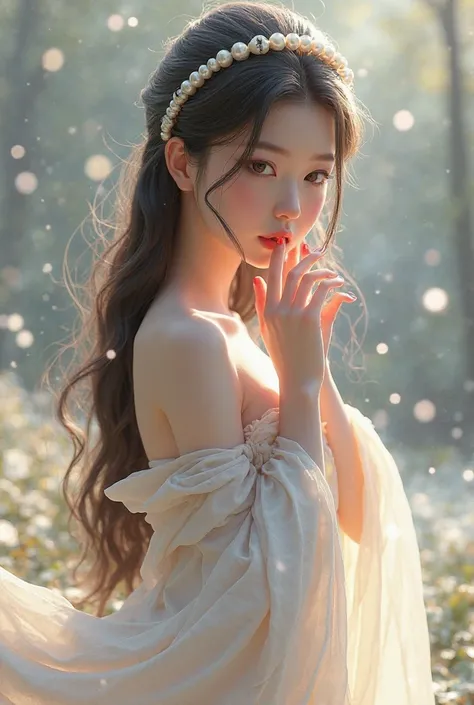 3d animation of a beautiful girl wearing long sleeve with a long hair and a pearl hair band covering her face with her hands