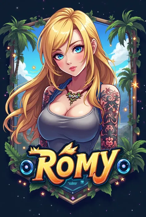 I want an anime logo of a blonde with light blue eyes and tattoos with a Garena Free Fire video game background that says Romy with letters in Spanish 