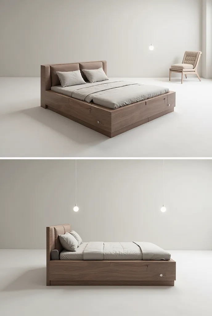 Bed with a large and small compartment, that can be folded to optimize spaces. It must either be a decent, elegant bed, or a sketch must be foldable, that is, it should be stowed away or folded towards the wall or
