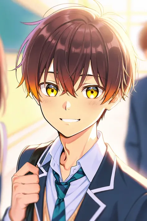 One boy. A tall handsome 18 years old boy with brown short hair, light cold golden eyes, wearing blue school uniform. The boy is confident. Smiling. Mao manga art style. 