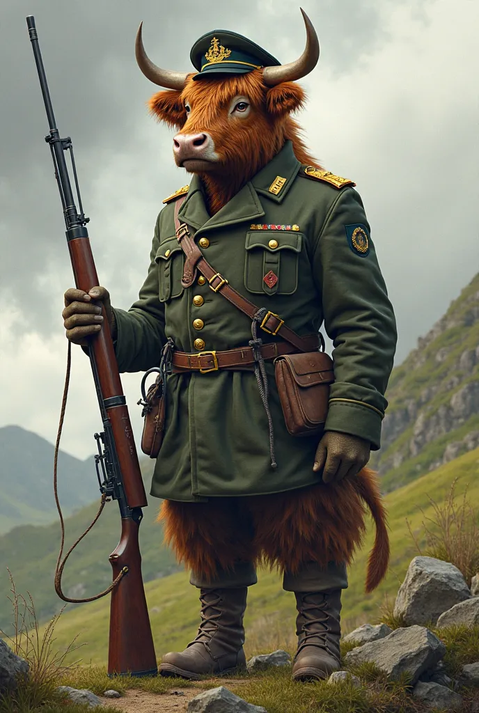 Create a Highland cow in a soldiers uniform with a rifle