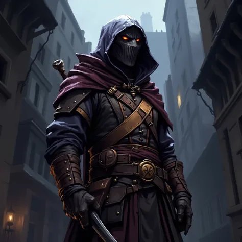 Anthropomophic shark, humanoid, medieval sniper, pirate clothing, clothing with diverse colors, hooded cape,  hoodie over the head, hoodie shade under the eyes, Slightly cartoon face, medieval urban environment, Dark Street, Digital Art