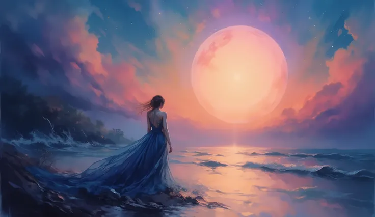 an illustration of a woman in ethereal flowing dress at water's edge looking towards glowing celestial orb, in style of James Jean, dreamlike landscape, gradient sky with vibrant orange-blue-purple colors, serene facial expression, soft diffused lighting, ...