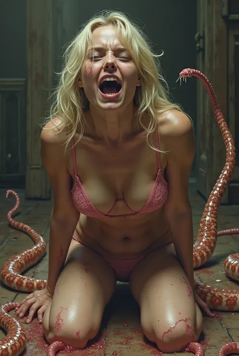 realistic young woman, 24 years old, blonde hair, getting attacked from behind by lots of tan long massive leeches that look like snakes, afraid, white spit dripping from her mouth,  mid yawn , pink lacy lingerie, one tentacle goes in her backside from beh...