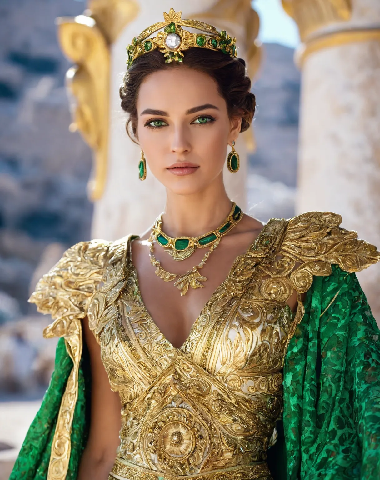 a woman in a green and gold dress and a gold crown, greek goddess, wearing elaborate green and gold, a goddess