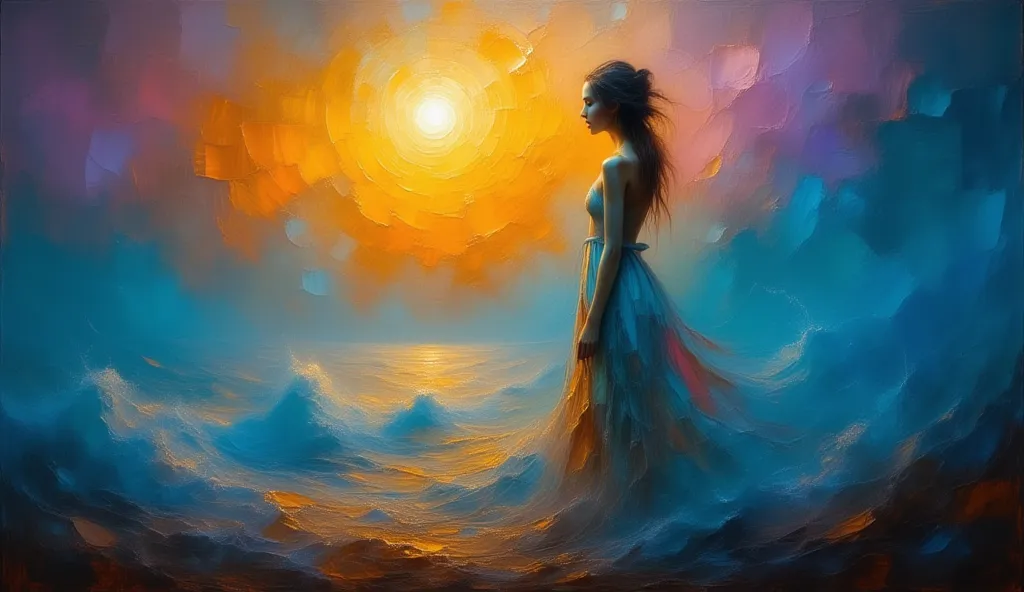  an oil painting of woman in flowing dress by serene waters gazing at bright celestial sphere, painted in style of Zdzisław Beksiński, rich textured brushstrokes, vibrant orange-blue-purple gradient sky, haunting calm expression, dramatic side lighting, su...