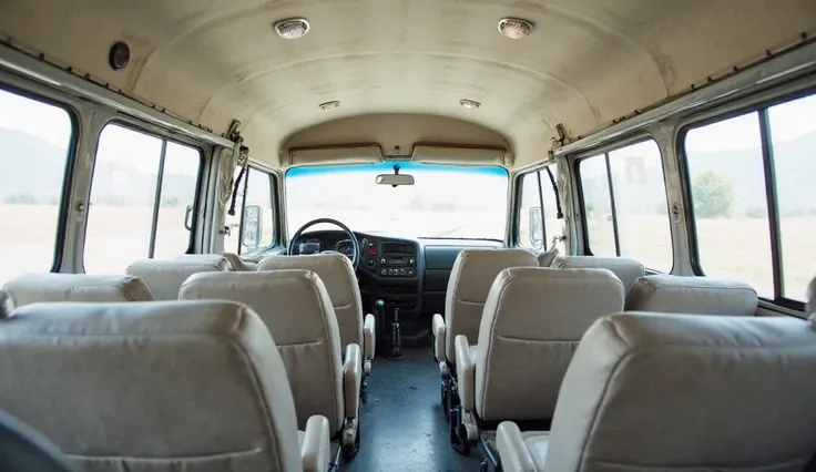 "The interior of a classic white van, designed for practicality and spaciousness. The cabin features multiple rows of simple yet functional seats with fabric or vinyl upholstery, arranged to accommodate passengers comfortably. The large windows provide amp...