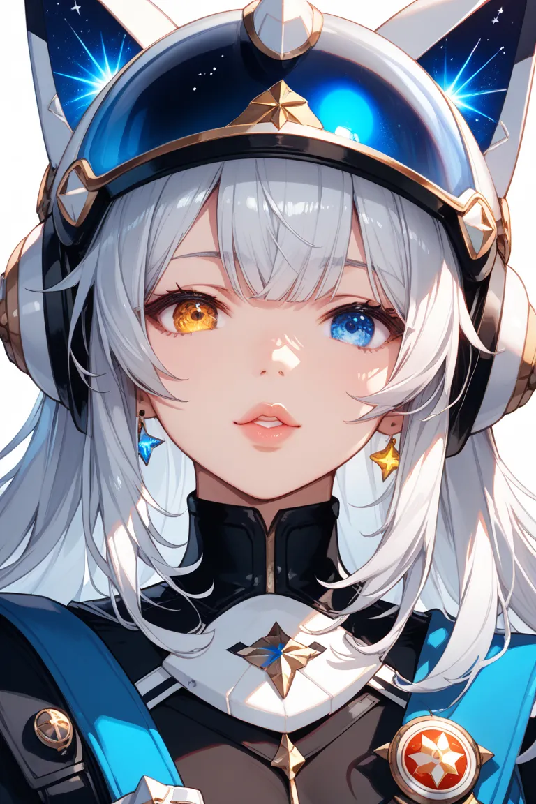  close-up of a better masterpiece：1.5)0.9]、(Space and astronauts
：1.2) (Disheveled silver hair：1.1) ( Heterochromia and Yellow and Blue Eyes：1.2) ( space helmet：1.0) (Colored stars in the eyes：1.0) (Shining Light：1.1) (Thick lips：0.9)