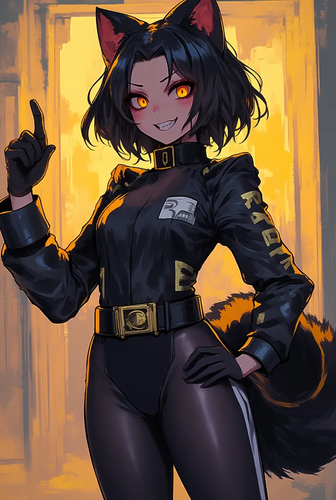 Girl with short black hair going a little bit in an outward direction, in idol costume, Not much of a downpour, skunk tail, anime style ,that has been written "Anarchy Stonks",suit who is smiling macabrely, que la imagen se enfoque en su rostro pero si se ...