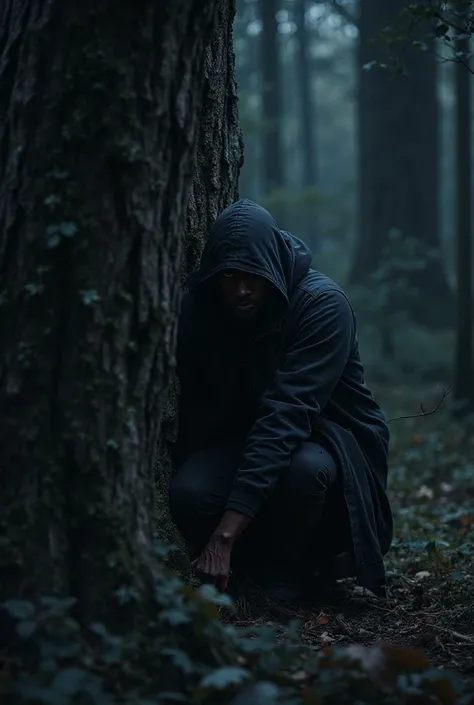 A black man hiding behind a tree in the middle of the night 