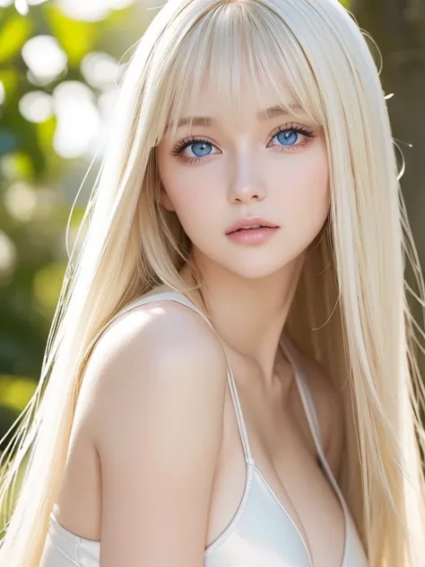 Beautiful white shiny skin 、 blonde hair color that changes with light 、 long bangs block view 、 Gloss highlights on her cheeks 、 sexy and very beautiful lovely pretty gorgeous face 、The most beautiful face in the world、 super long gorgeous pair blonde hai...