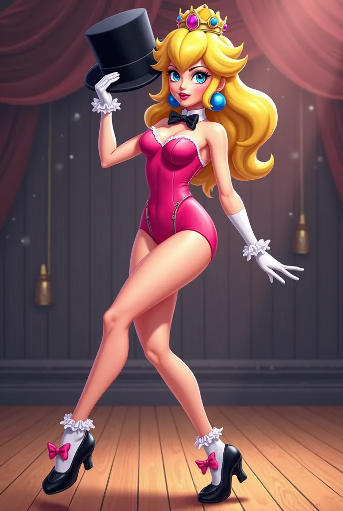 Cartoon sexy Princess Peach wearing a pink leotard, pink bow tie with a white collar around her neck, sharp black Mary Jane tap shoes, with white ruffled socks, tap dancing sexy on a wood board, her hands on her hips, tipping and wearing a black top hat, p...