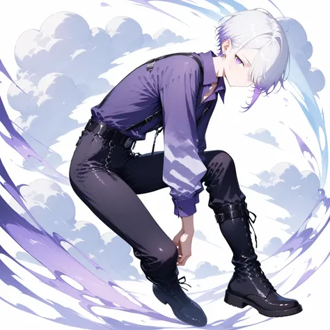 masterpiece, high score, great score, absurdres,
1boy, male focus, 20-yo, クモイエイテル, full body, slim ,twink,white hair, side-parted, lilac highlights, hair over one eye,purple eyes, single purple earring/ (left ear/),light purple open-collar shirt, cloud pat...