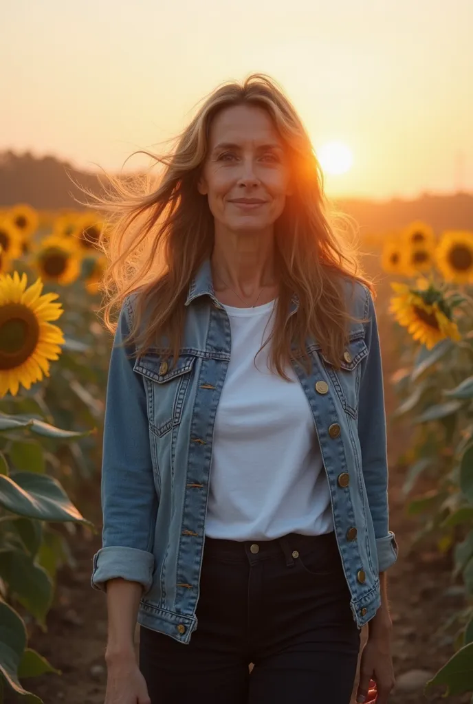 Morning mist, sunrise,  lens reflection, Fresh breeze, A middle-aged woman with light brown hair, Your long hair is disheveled by the wind.
She's walking in the middle of a sunflower plantation.
Dressed in a blue denim jacket, white t-shirt, and black pant...