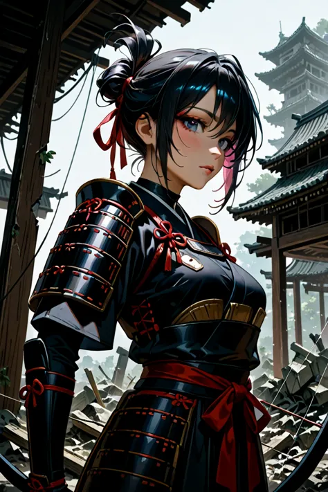 score_9, score_8_up, score_7_up, 1girl, ((solo)), attractive, upper_body, medium_breasts, ((black_hair)), multicolored hair, ruined east asian architecture, ruins, ((japanese_armor)), drawing bow (weapon)