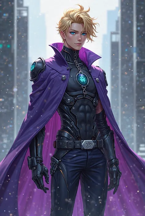 Please,  Create an anime-style male character, blonde,  blue eyes, high, wearing exoskeleton and over the exoskeleton he wears a purple coat 