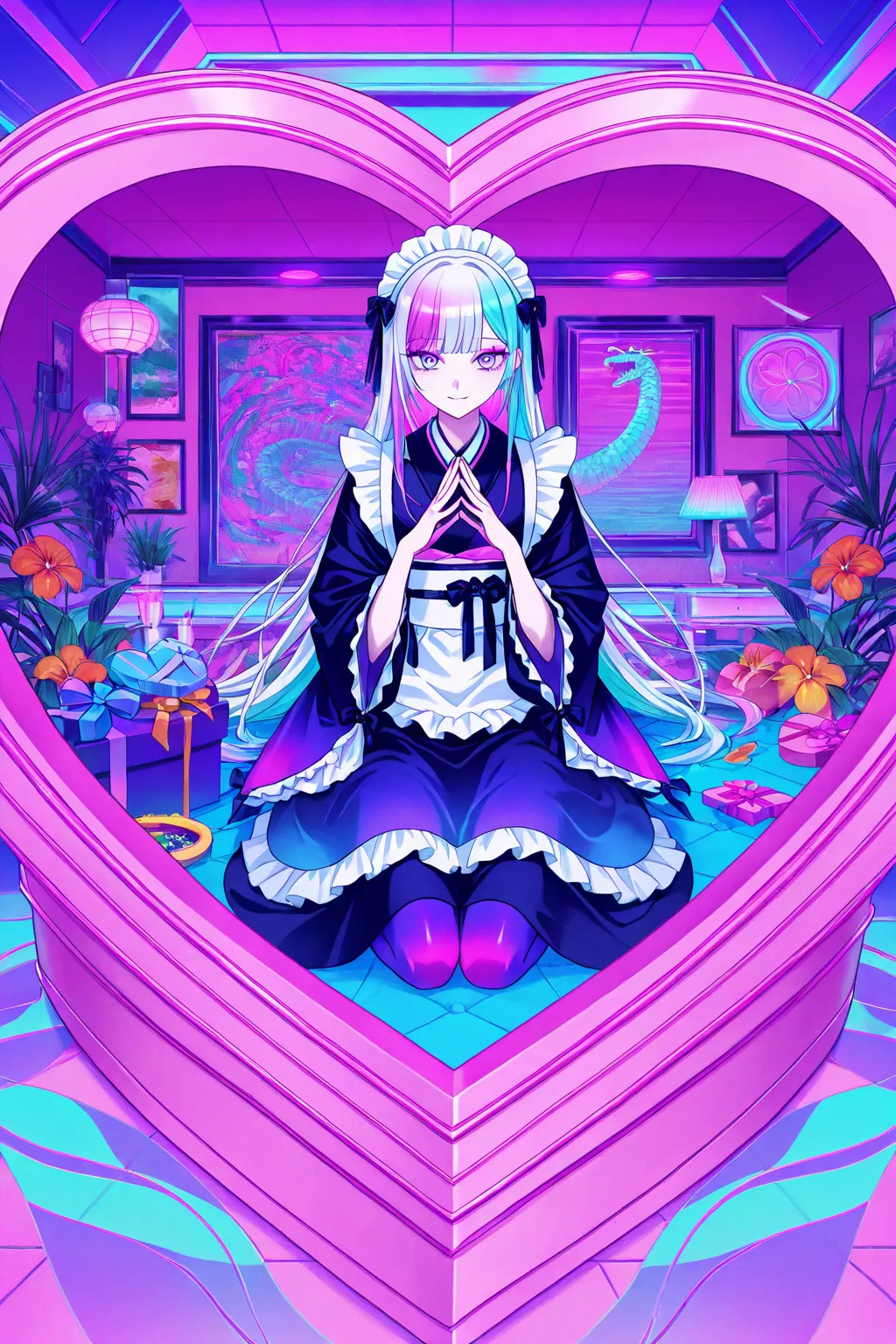 cool beauty, gradation color hair, slender body, sit in Heart-shaped object , Japanese maid exotic fashion, tropical motif room, neon color, Vaporwave, girl in the oval-shaped box, steepled fingers,