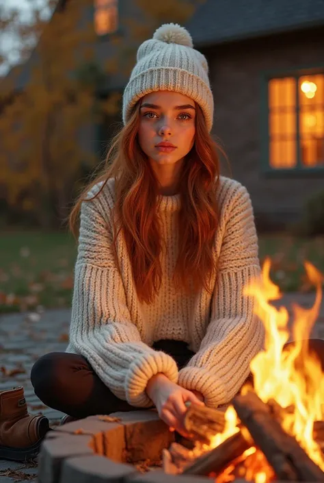 A young woman with long, wavy, auburn hair, wearing a cream-colored chunky knit sweater and a matching beanie, sits in front of a crackling bonfire.  She's seated on a stone patio, facing forward, looking directly at the viewer.  The woman's features are s...