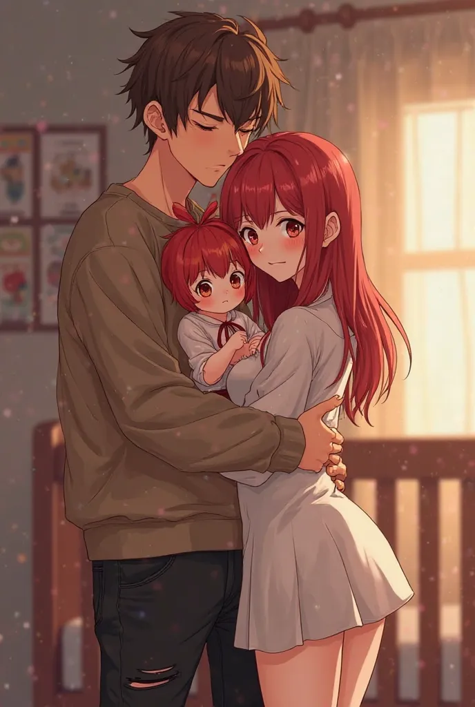 Make an anime of a brown-haired man, high with passionate red eyes but with a neutral expression, wearing brown sweatshirt and ripped black pants, hugging his wife who has an hourglass body ( medium breasts, medium round ass and thin waist), Blood-red hair...