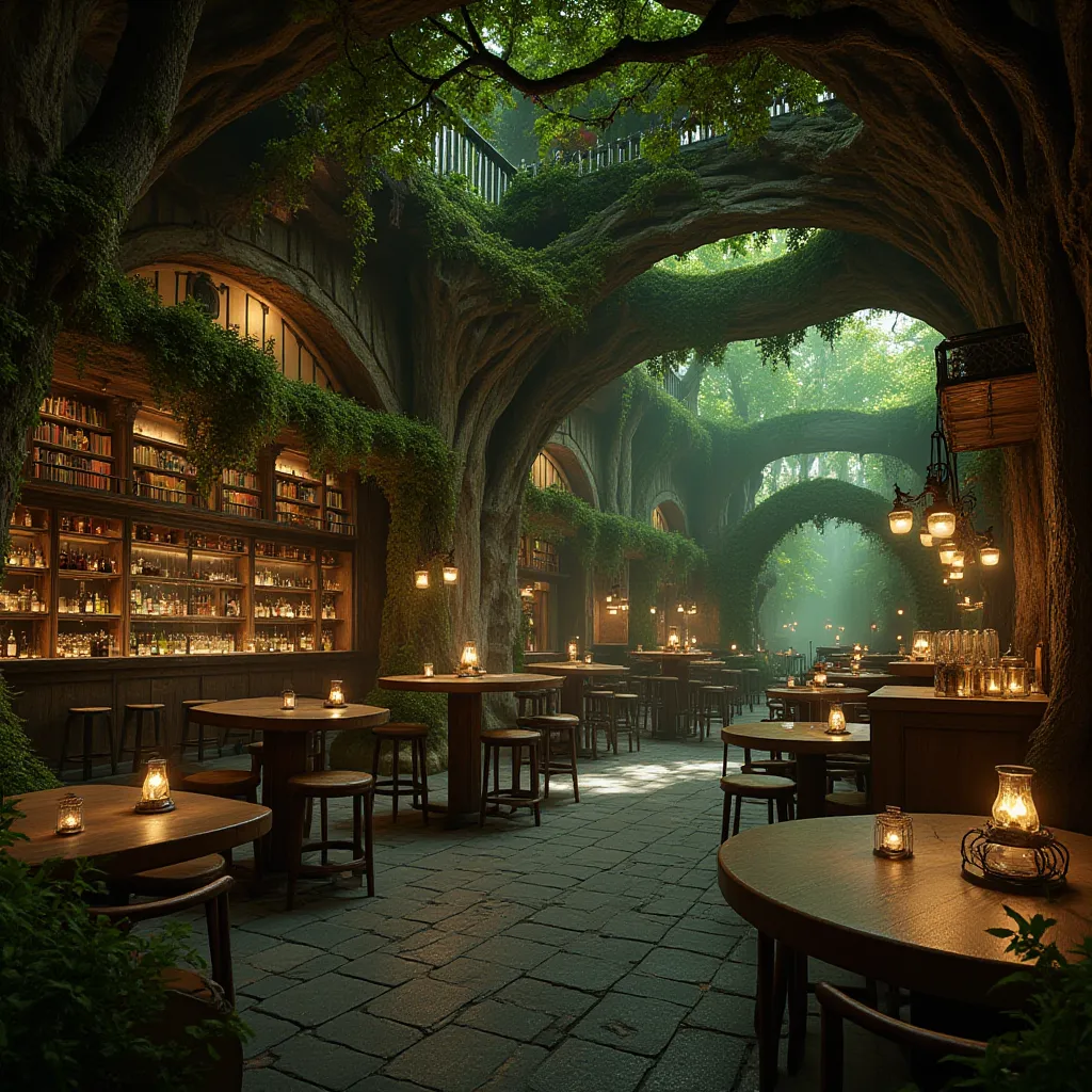 realistic photo, best quality, no humans, An enchanting bar features a fantasy woodland aesthetic, with tree-like structures, arched windows, and soft green light filtering through the windows, casting a dreamy, mystical glow over the space. Organic wooden...