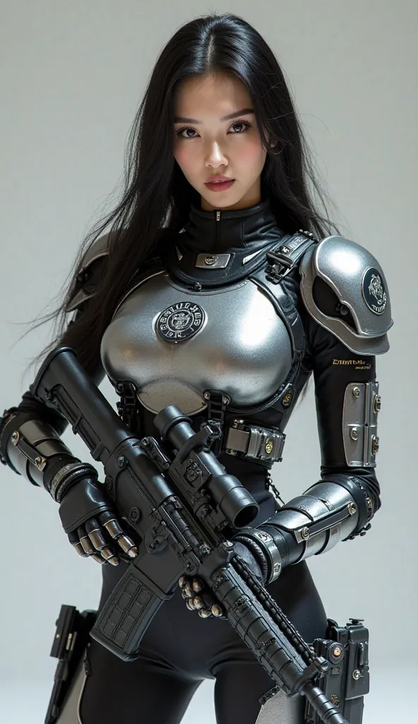  score_9,  score_8_up,  score_7_up,  score_6_up,character_, Futuristic Chinese Female Soldier (Fan Bingbing, Supermodel, very beautiful) Inside Heavy Tactical Cybertech Gear (Metallic Silver, Empire Logo Engraved,  Bbo~, Heavy Tactical Vest, Warhammer), Po...