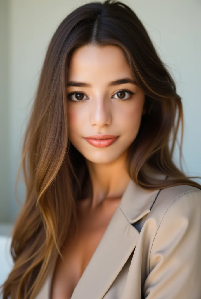 A stunningly beautiful female model with delicate facial features, long, naturally flowing brown hair, and a confident yet soft expression. She has warm, expressive eyes and a flawless, radiant complexion. She is wearing a stylish, elegant outfit, such as ...