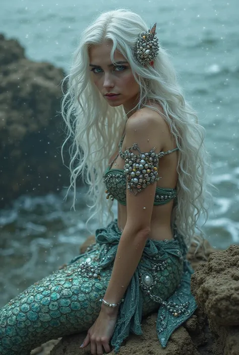 Ultra realistic 8k very real evil mermaid sitting on the rock combed her hair white wavy,  blue eyes, Full of shell and pearl accessories she is very beautiful and attractive 