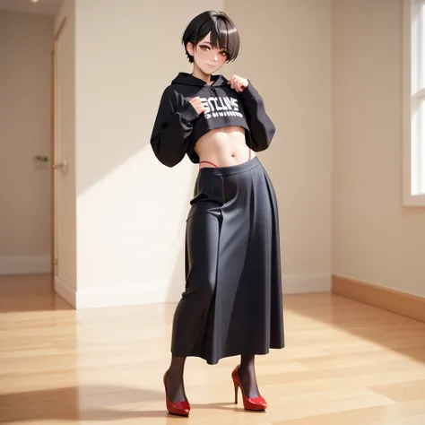  1femboy, stands on his feet, short black hair,  brown eyes,  red thong, black sweatshirt with the words "sissyboy",  black stockings, black long skirt , red high heels, shy,  decent, the navel is not open, and the skirt is not raised