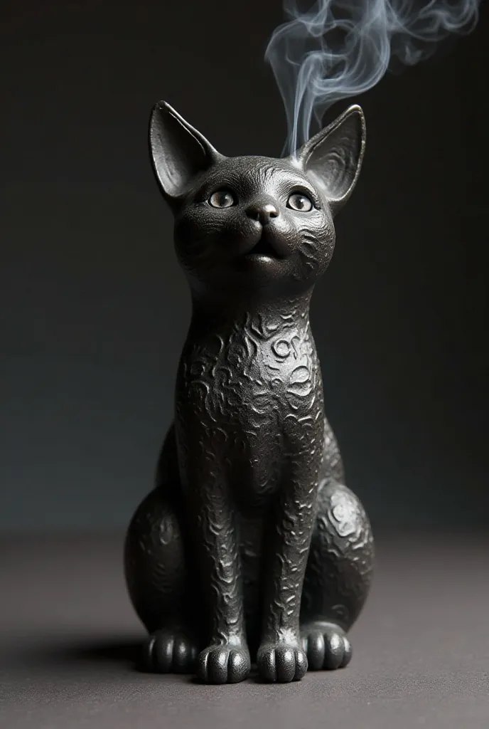 Create a creative incense holder in textured black ceramic in the shape of a cat and that the smoke comes out of its mouth 