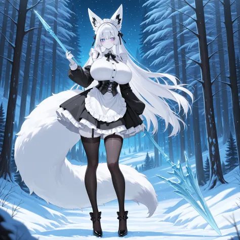 1 girl, pretty shy girl with pale skin and teal-colored eyes, fluffy long white hair, huge breasts, maid headdress, fox ears, maid outfit with a corset and a short ruffled skirt, long black sleeves, black stockings, fancy shoes, holding an ice spear, snowy...