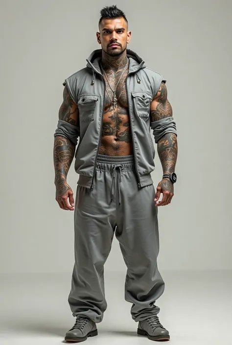 Latino male, muscular, buzz cut, full body tattoos, grey tracksuits, 