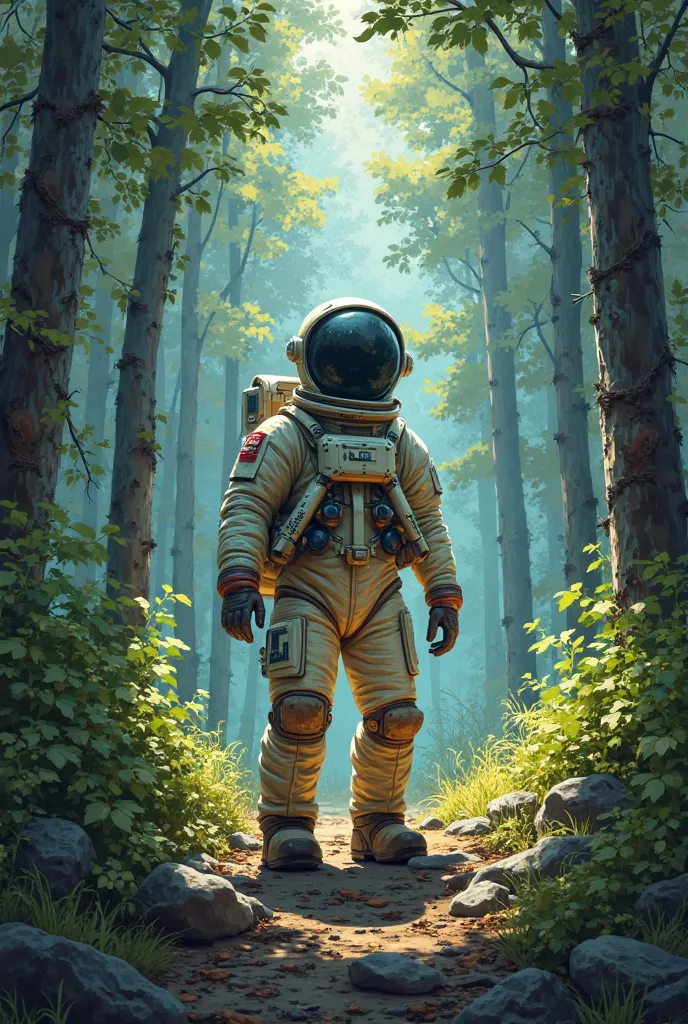 Astronaut lost in the woods in 2D to draw on a mural