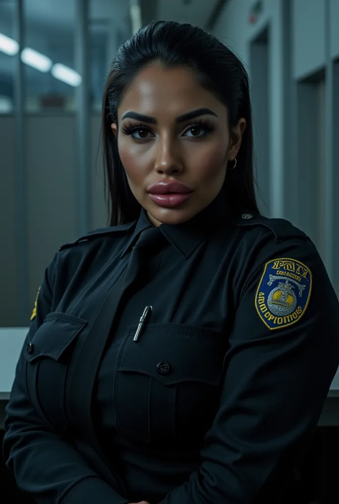 photo of a gorgeous female police officer woman sitting in an interrogation room. Gorgeous surprised female police officer with big breasts. Bimbo lips. Dark skin, big lips. Sitting in an interrogation room. She is wearing a police officer uniform. Upset f...