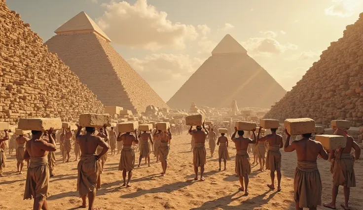 Egyptians carrying stones for the construction of the pyramids 