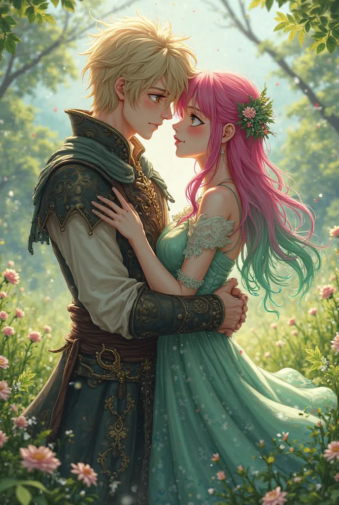 Ashy blond haired Bakugou with medieval clothes hugging Mitsuri's pink hair on the green tips in an anime meadow