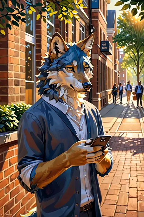 A blue-furred wolf wearing a shirt, tie, trousers and shoes, looking neat, is checking something on his cell phone on a street inside the university.