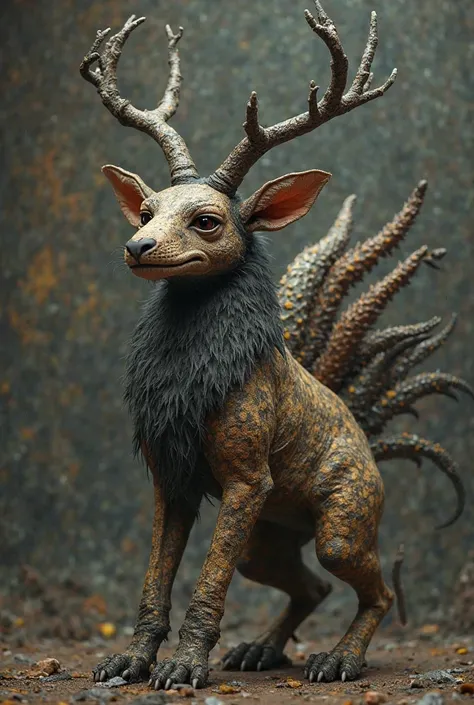 Mexican Alebrije with dull colors and sad lion's body,reptilian parts and deer horns and seven tails