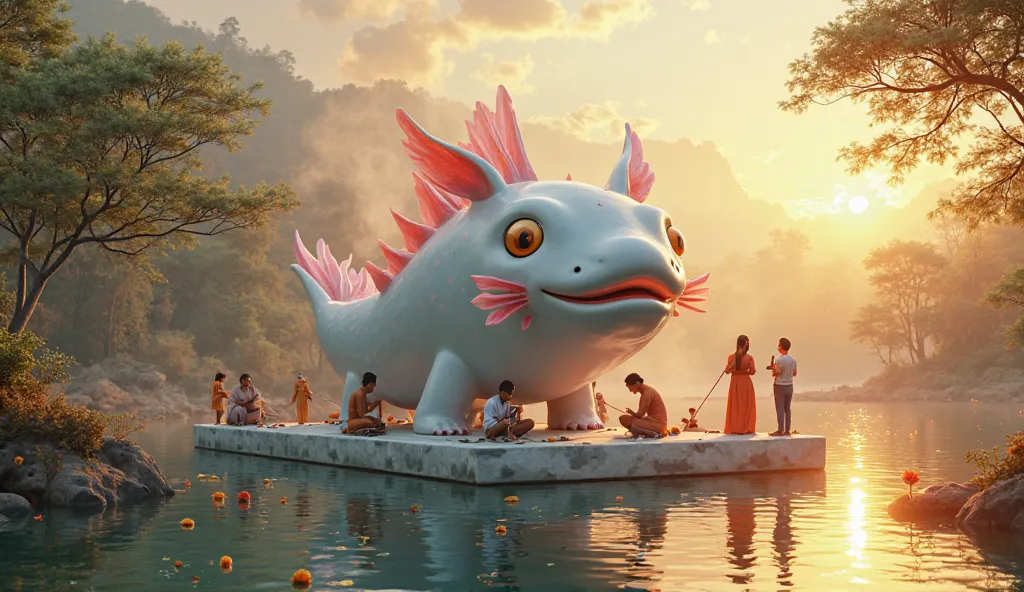 The Holy Axolotl statue is 5 meters high. With 6 iridescent white-pink fluffy gums, big round eyes nd a gently smiling mouth, it floats on a white marble raft in a clear lake reflecting the sunset. The raft is surrounded by copper incense burners, smoky. T...