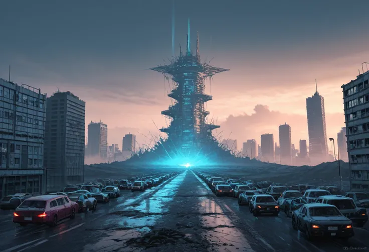 A stark contrast image, a massive 'NO WAY' sign acts as a physical barrier, dividing the scene. On the left, a gleaming futuristic city, towering skyscrapers with holographic displays, flying vehicles, and lush green parks under a bright, clear sky. On the...