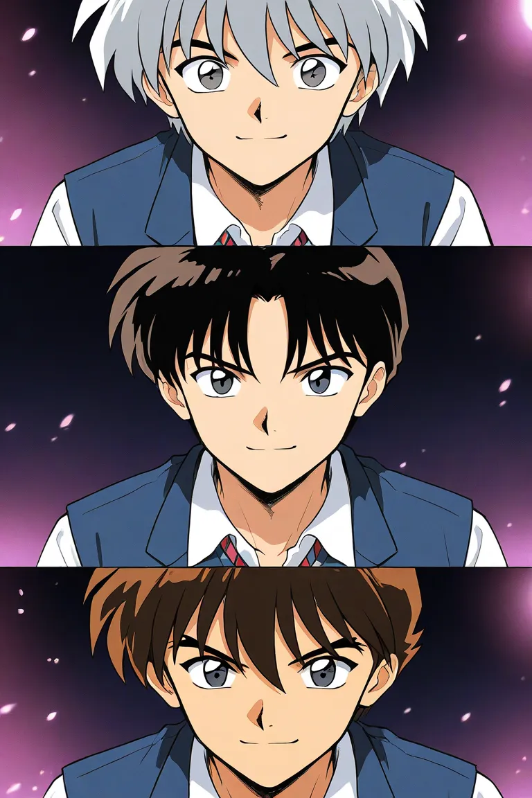 One boy. A tall handsome 18 years old boy with brown short hair, light cold gray eyes, wearing blue school uniform. The boy is confident. Smiling. Inuyasha manga art style. 