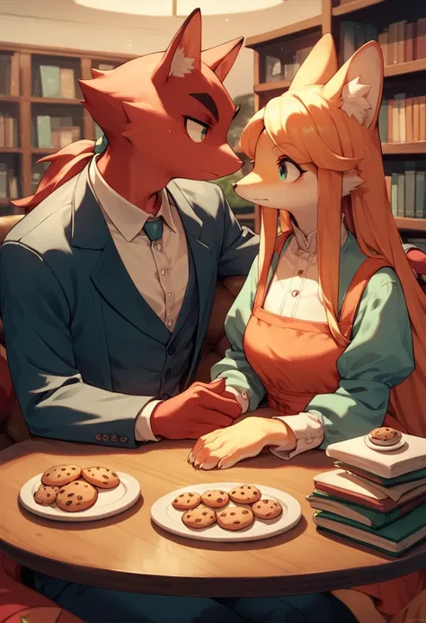 Best quality masterpiece, a duo , a girl and a boy, girl furry, Random furry, zorro, wearing a long dress, long hair, and the other a suit,  sitting on a table, looking at each other, Restaurant, cookies, has, on the table, books, shelves in the background...