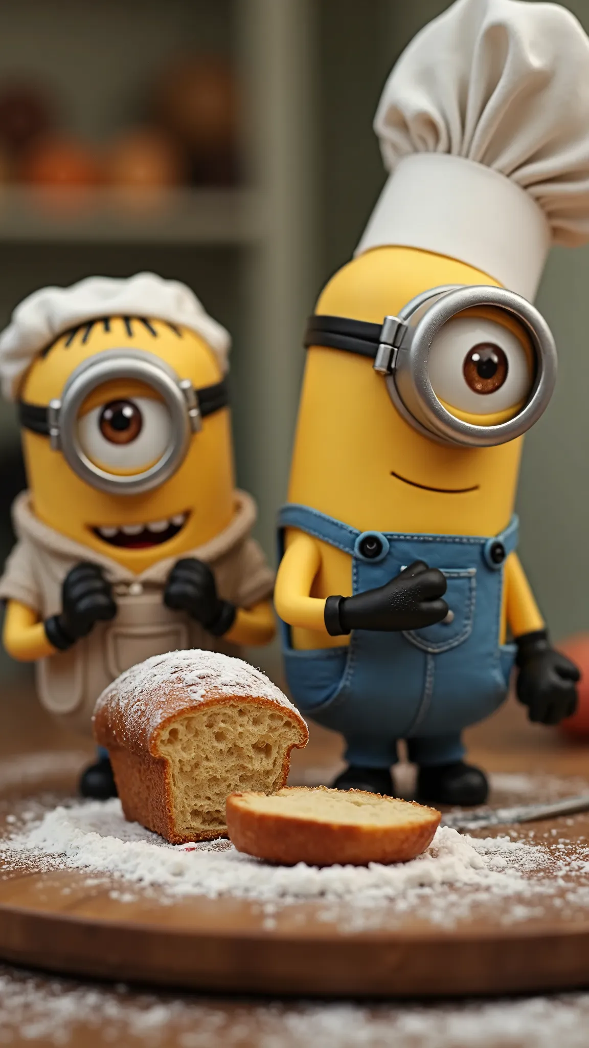 little chefs (((MINIONS))) are working on the bread to delicately distribute the powdered sugar over the bread and smooth it gently. Subtle movement, the camera follows them slowly.