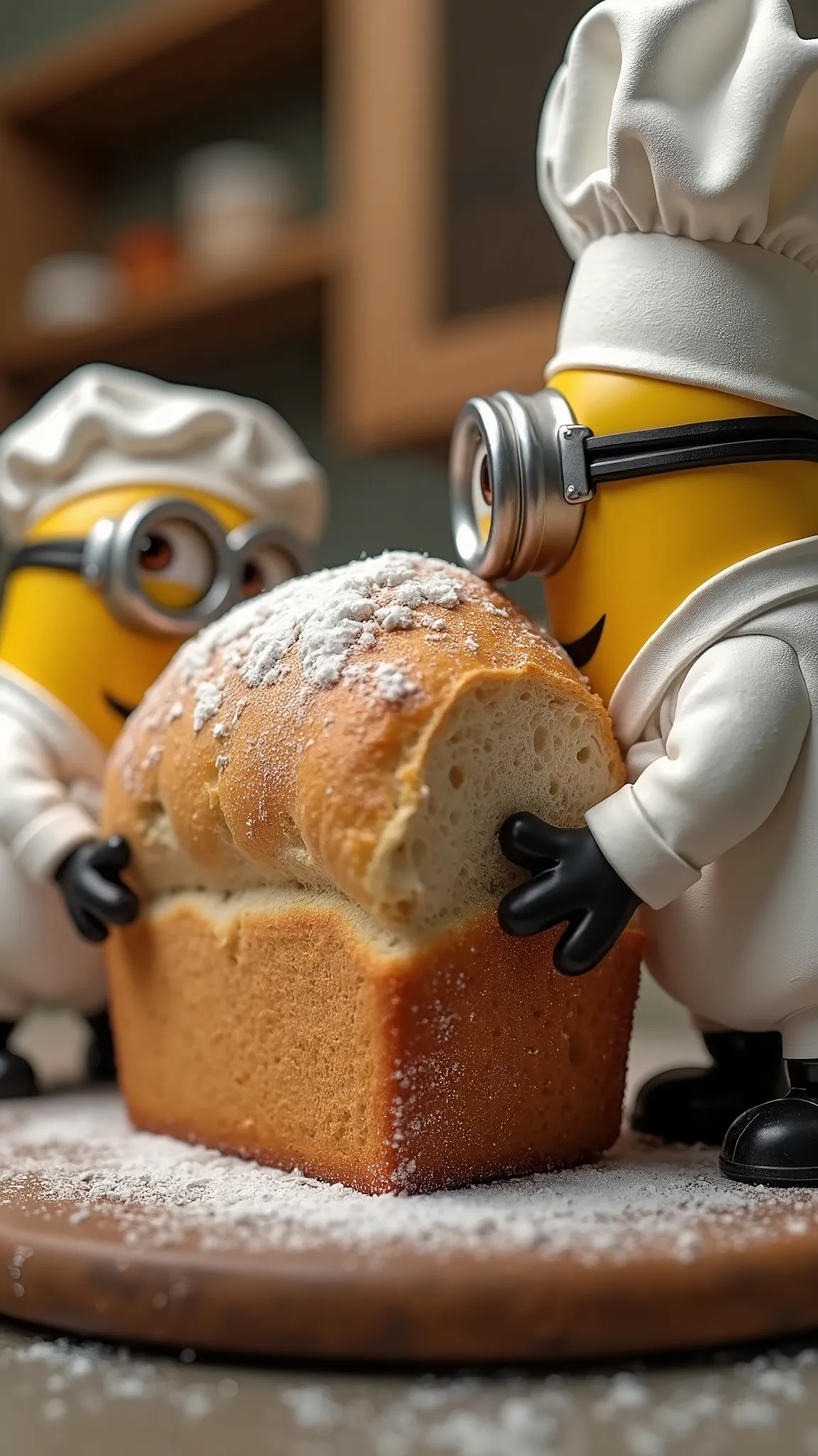 little chefs (((MINIONS))) are working on the bread to delicately distribute the powdered sugar over the bread and smooth it gently. Subtle movement, the camera follows them slowly.