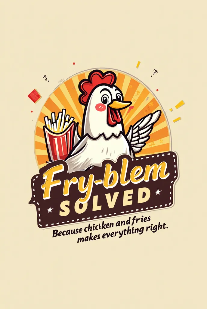 create a logo design for our business name “fry-blem solved” with a tagline “because chicken and fries makes everything right”