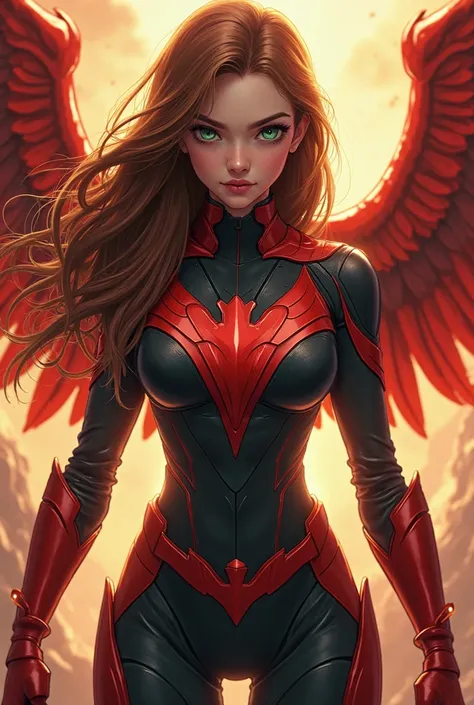 I want you to make me an 18-year-old anime girl in a black and red superhero costume, What is the humanized Phoenix bird , Carcasica leather and caramel brown hair, with green eyes