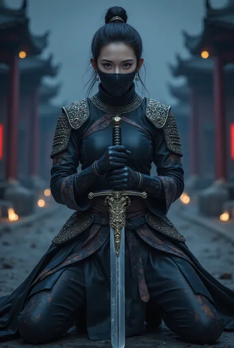 A battle scene in which a female ninja lands、Place one hand on the floor and hold the wuxia long sword horizontally in front of your face.、Intricate chain mail that fits the body perfectly、Black metalic mask with only the eyes visible、Serious Eyes、Low figh...